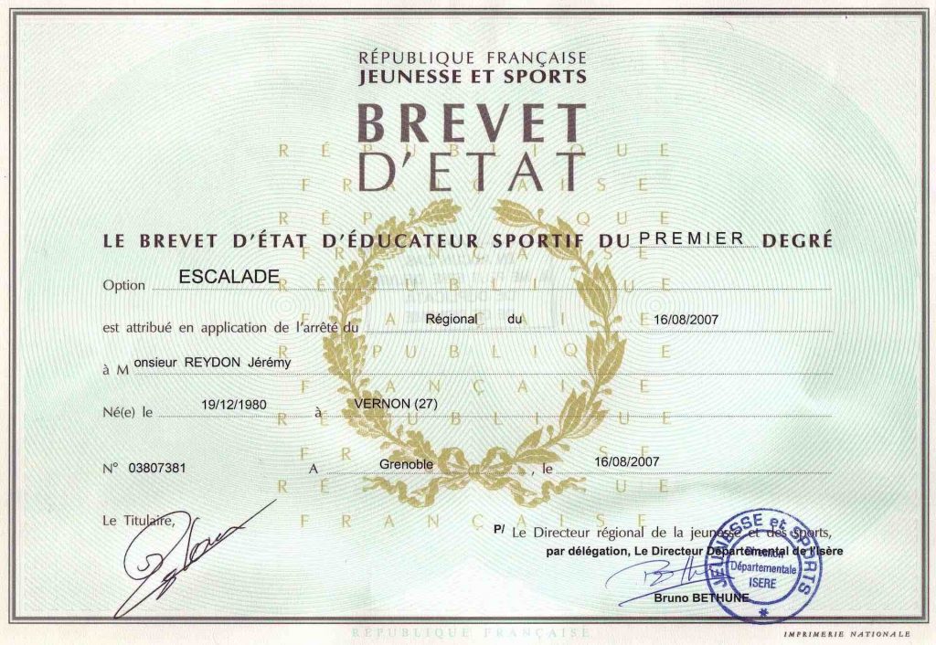 Diplôme de Brevet d'État Escalade (moniteur d'escalade)